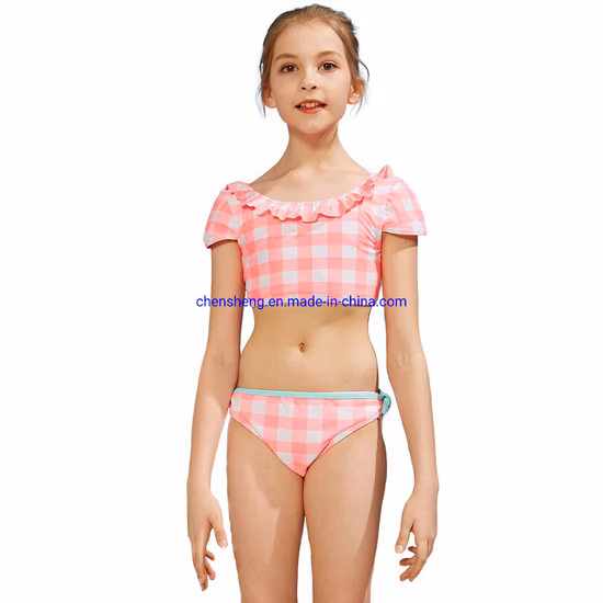 Girls Latest Style Bathing Suits Heart Print Side Hollow out U Neck Beach Clothing Swimwear Ruffle Skirt 2 Pieces Swimming Wear